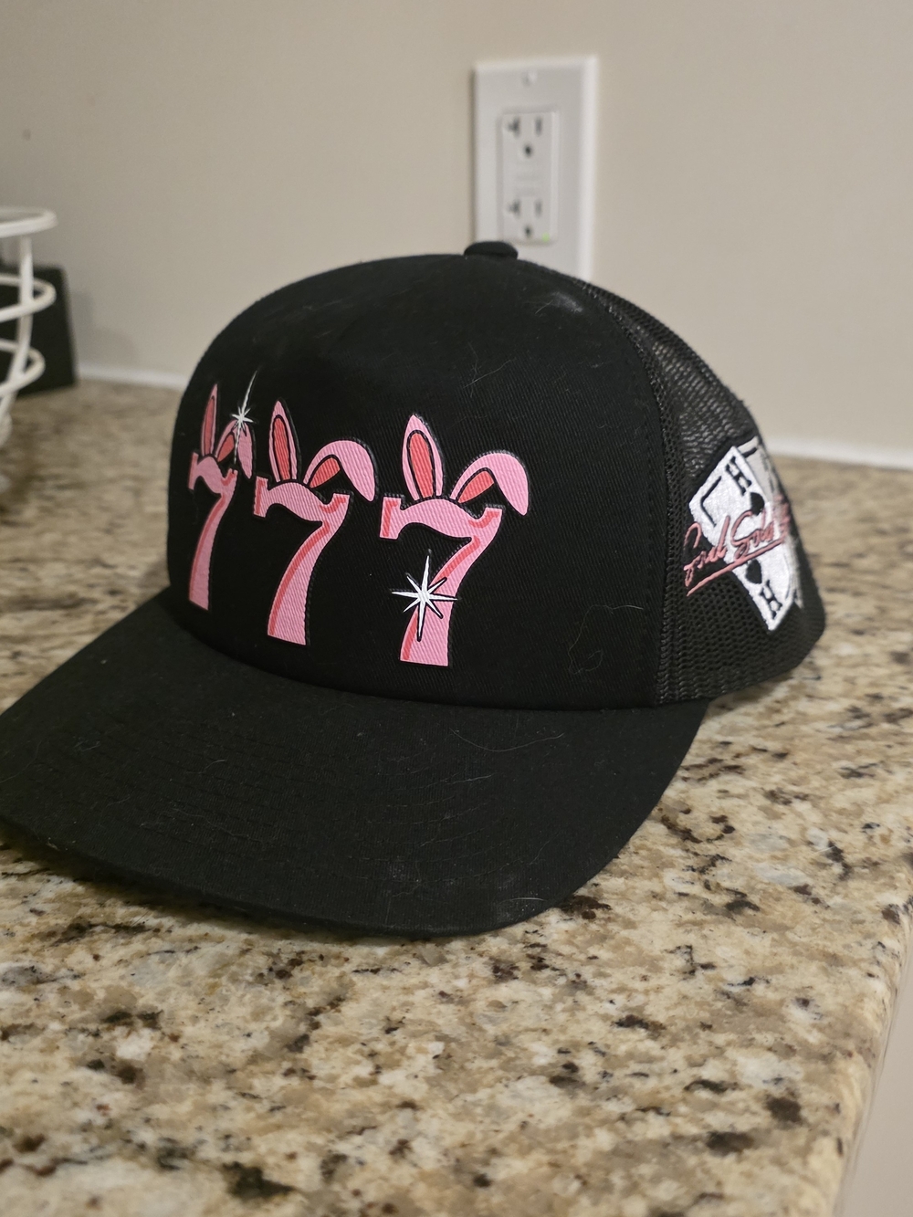 HUF Black Trucker Hat with Pink 777 Bunny Graphic
